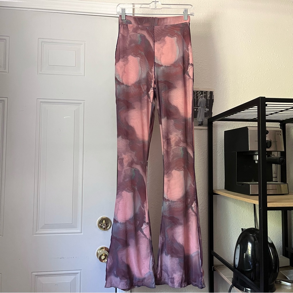 Oh Polly Pink Tie Dye Mesh Swirl Watercolor Flare Bootcut Knit Pants